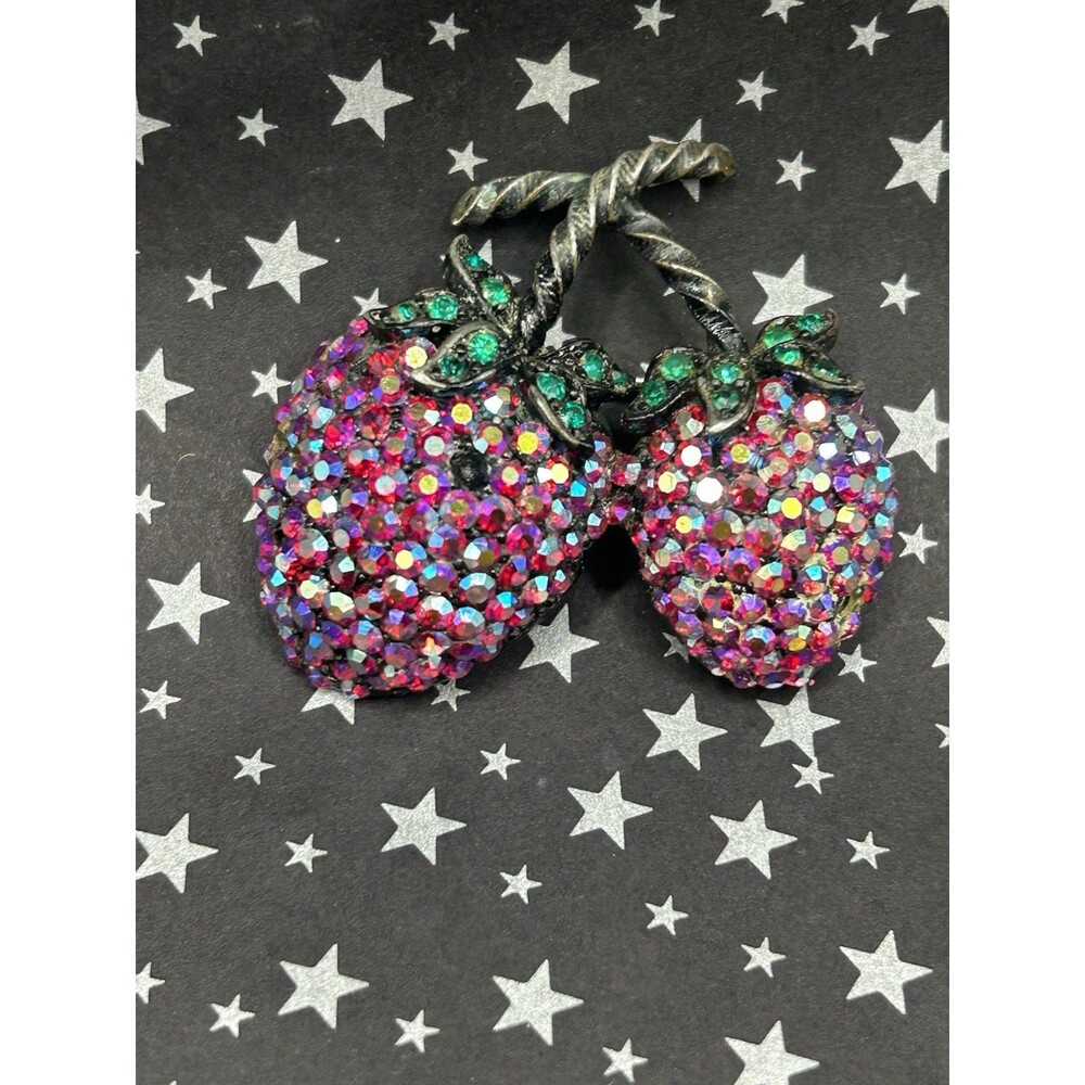 Vintage Double Strawberry WEISS Brooch Pin Green & Red AB Rhinestones